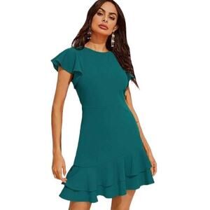 Teal Asymmetric Ruffle Hem Flutter Sleeve Dress, XS